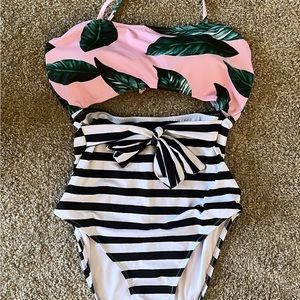 Pink and Black Striped Bathing Suit